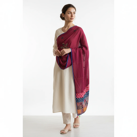Maroon Ajrakh applique dupatta draped over ethnic outfit — traditional fashion