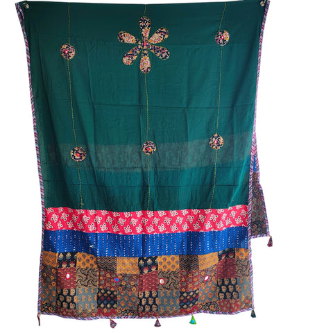 Bottle Green Ajrakh applique cotton dupatta — full hanger display view