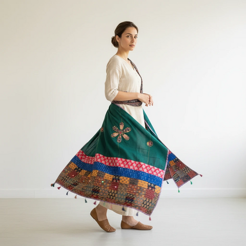 Bottle Green Ajrakh applique dupatta draped over ethnic outfit — traditional fashion