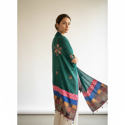 Bottle Green Ajrakh applique dupatta draped over ethnic outfit — traditional fashion