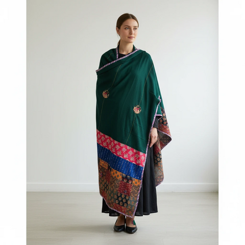 Bottle Green Ajrakh applique dupatta draped over ethnic outfit — traditional fashion
