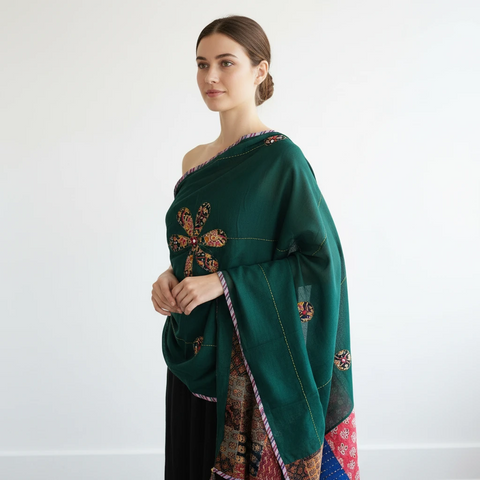 Bottle Green Ajrakh applique dupatta draped over ethnic outfit — traditional fashion