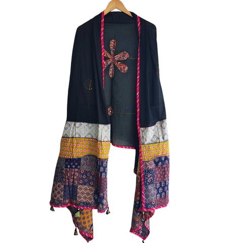 Black Ajrakh applique cotton dupatta — full hanger display view