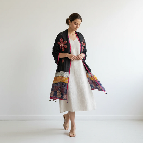 Black Ajrakh applique dupatta draped over ethnic outfit — traditional fashion