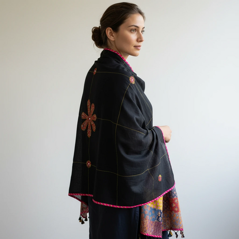 Black Ajrakh applique dupatta draped over ethnic outfit — traditional fashion