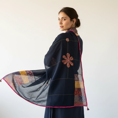 Black Ajrakh applique dupatta draped over ethnic outfit — traditional fashion