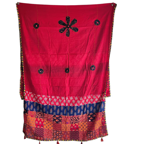 Red Ajrakh applique cotton dupatta — full hanger display view