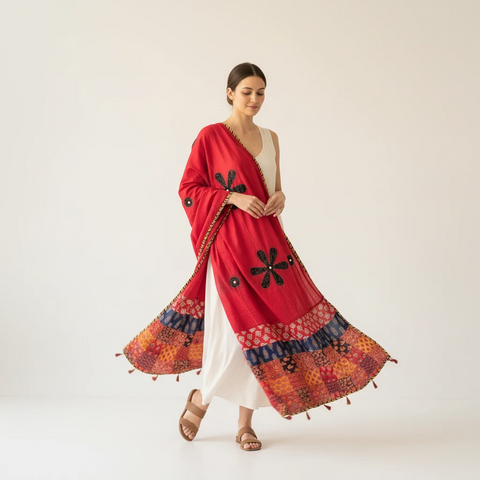 Red Ajrakh applique dupatta draped over ethnic outfit — traditional fashion