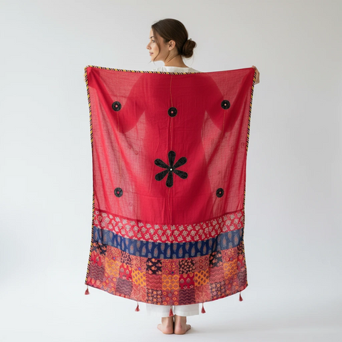 Red Ajrakh applique dupatta draped over ethnic outfit — traditional fashion