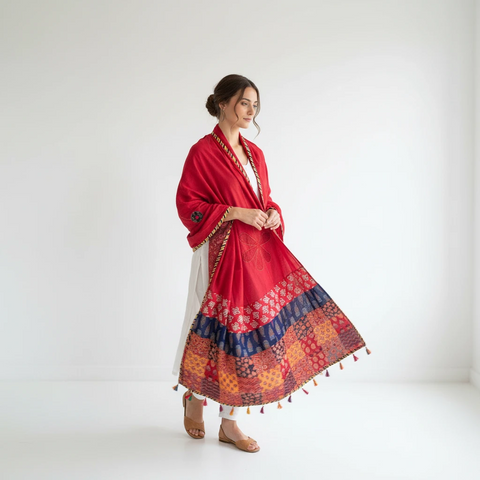 Red Ajrakh applique dupatta draped over ethnic outfit — traditional fashion