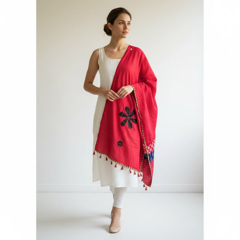 Red Ajrakh applique dupatta draped over ethnic outfit — traditional fashion