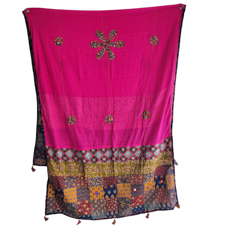 Rani Pink Ajrakh applique cotton dupatta — full hanger display view