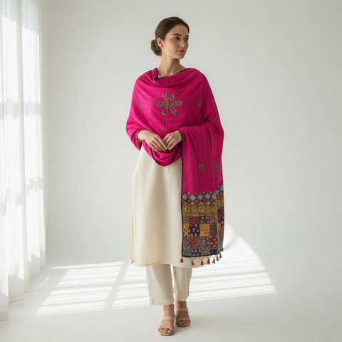Rani Pink Ajrakh applique dupatta draped over ethnic outfit — traditional fashion