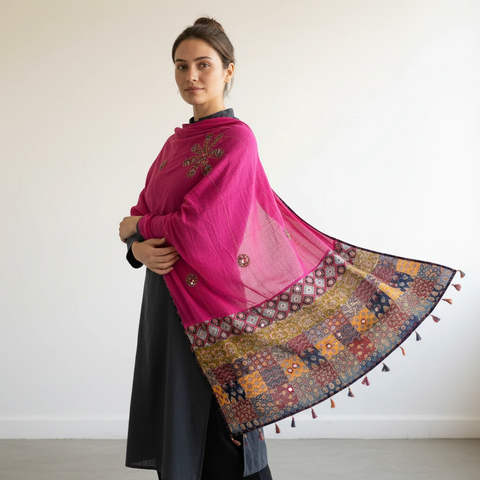 Rani Pink Ajrakh applique dupatta draped over ethnic outfit — traditional fashion