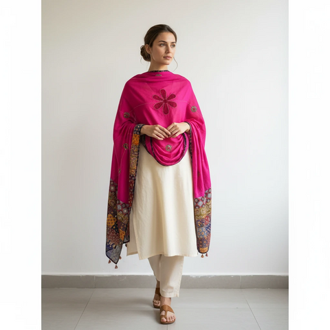 Rani Pink Ajrakh applique dupatta draped over ethnic outfit — traditional fashion
