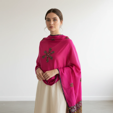Rani Pink Ajrakh applique dupatta draped over ethnic outfit — traditional fashion