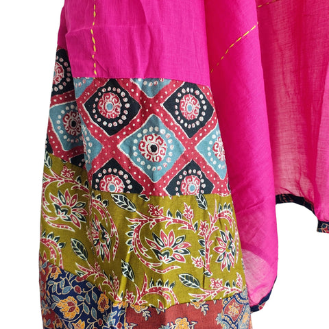 Close-up of hand mirror-work applique and Ajrakh patchwork border on rani pink dupatta