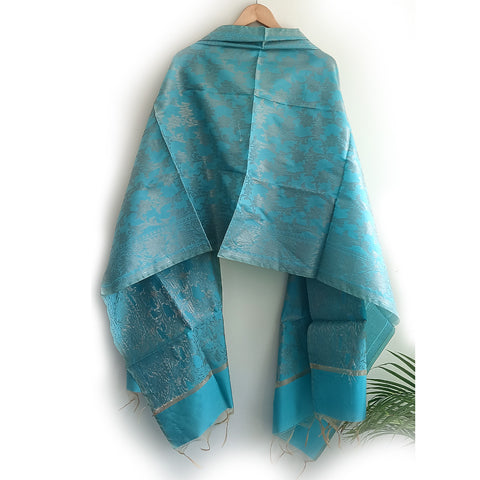 India Scarves The Women's Art Silk Woven Banarasi Jacquard Dupatta(Blue)