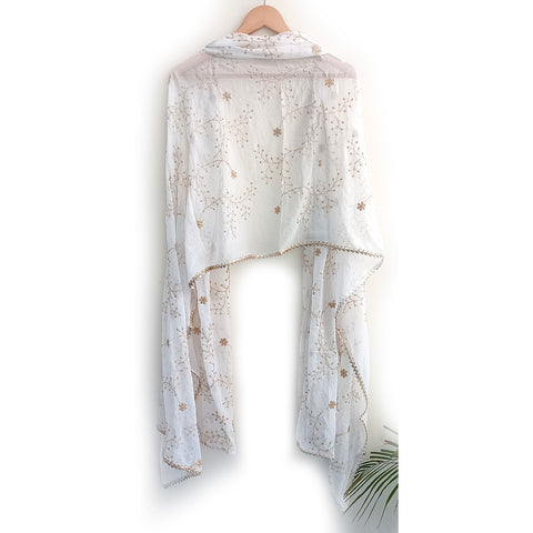 India Scarves Pure Najmin white Stole Dupatta with Golden Embroidery 220X100…