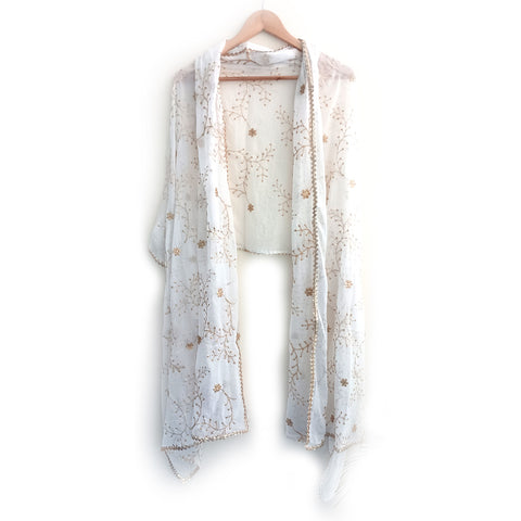 India Scarves Pure Najmin white Stole Dupatta with Golden Embroidery 220X100…