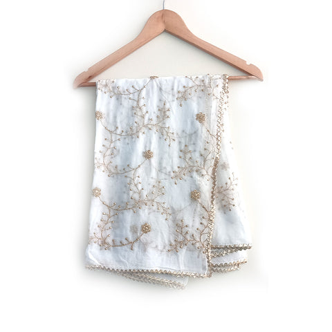 India Scarves Pure Najmin white Stole Dupatta with Golden Embroidery 220X100…