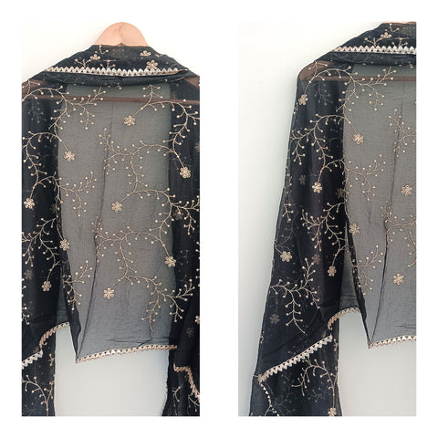 India Scarves Pure Najmin black Stole Dupatta with Golden Embroidery 220X100…