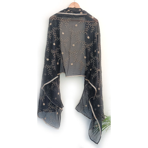 India Scarves Pure Najmin black Stole Dupatta with Golden Embroidery 220X100…