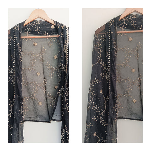 India Scarves Pure Najmin black Stole Dupatta with Golden Embroidery 220X100…
