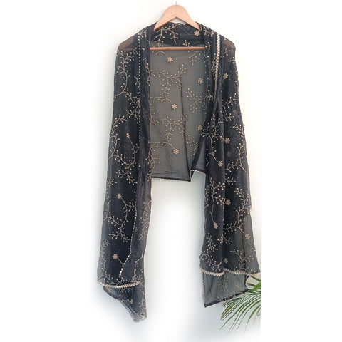 India Scarves Pure Najmin black Stole Dupatta with Golden Embroidery 220X100…