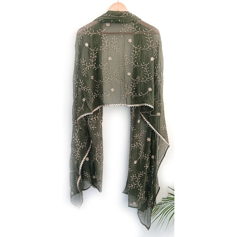 India Scarves Pure Najmin dark green Stole Dupatta with Golden Embroidery 220X100…