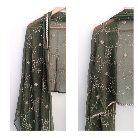 India Scarves Pure Najmin dark green Stole Dupatta with Golden Embroidery 220X100…
