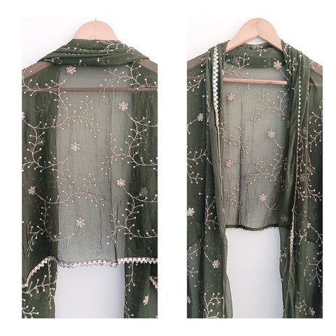 India Scarves Pure Najmin dark green Stole Dupatta with Golden Embroidery 220X100…