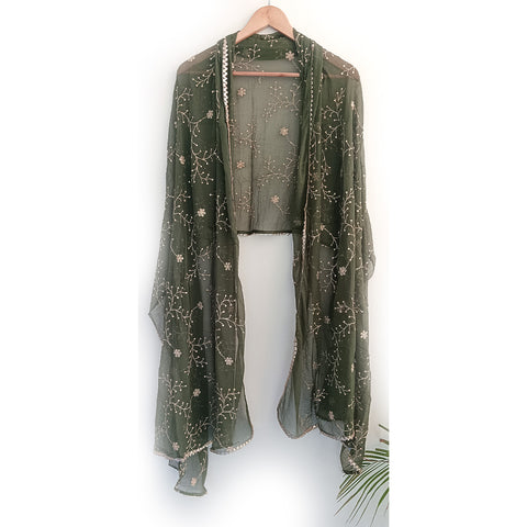 India Scarves Pure Najmin dark green Stole Dupatta with Golden Embroidery 220X100…