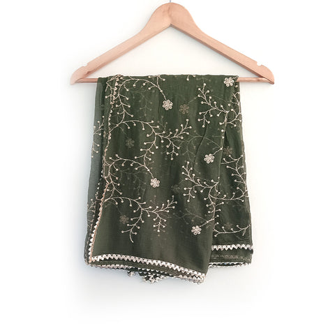 India Scarves Pure Najmin dark green Stole Dupatta with Golden Embroidery 220X100…