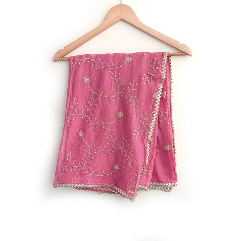 India Scarves Pure Najmin Pink Stole Dupatta with Golden Embroidery 220X100…