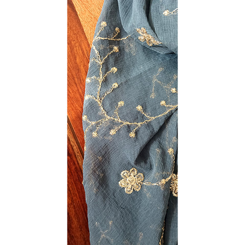 India Scarves Pure Najmin dark blue Stole Dupatta with Golden Embroidery 220X100…