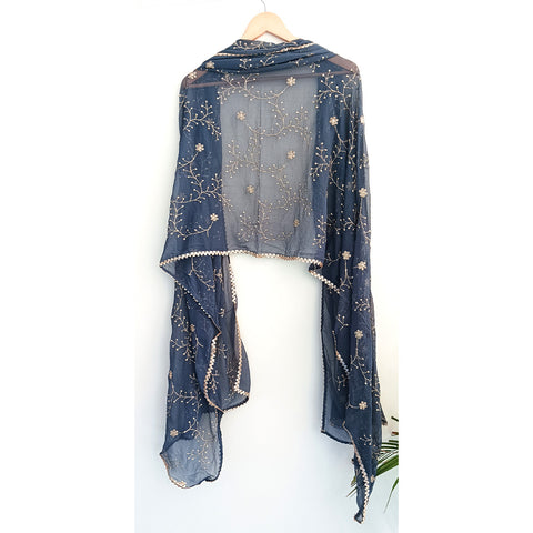 India Scarves Pure Najmin dark blue Stole Dupatta with Golden Embroidery 220X100…