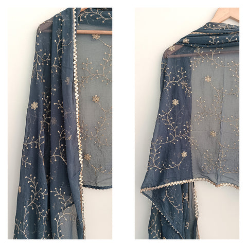 India Scarves Pure Najmin dark blue Stole Dupatta with Golden Embroidery 220X100…