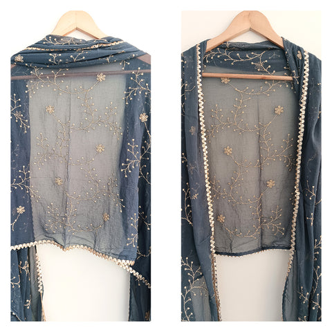 India Scarves Pure Najmin dark blue Stole Dupatta with Golden Embroidery 220X100…