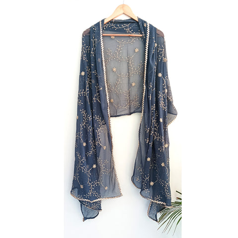 India Scarves Pure Najmin dark blue Stole Dupatta with Golden Embroidery 220X100…