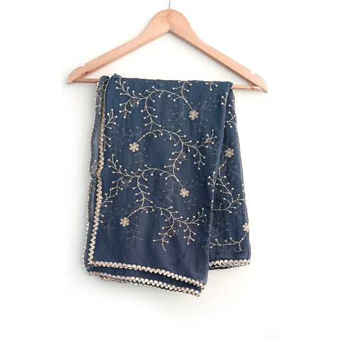 India Scarves Pure Najmin dark blue Stole Dupatta with Golden Embroidery 220X100…