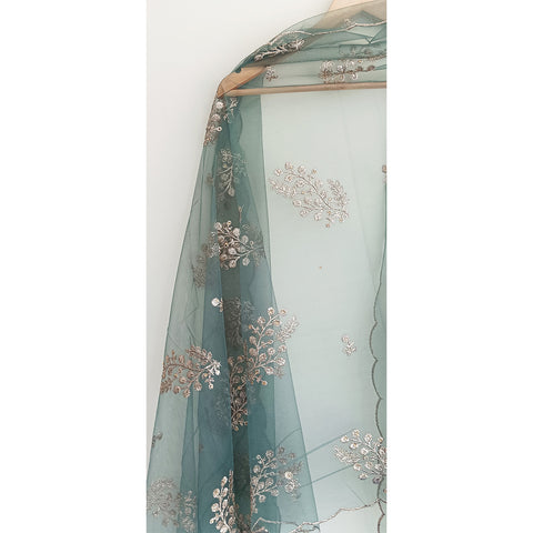 India Scarve's Net Cut Goldan Embroidered Floral Design Green Dupatta