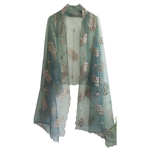 India Scarve's Net Cut Goldan Embroidered Floral Design Green Dupatta