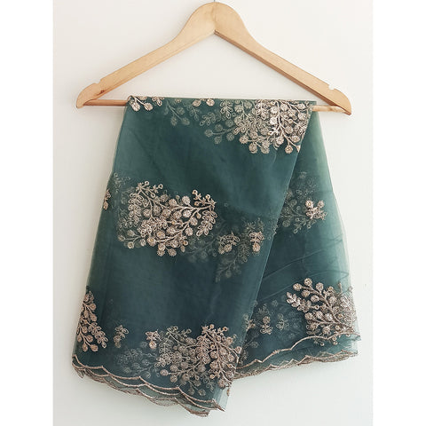 India Scarve's Net Cut Goldan Embroidered Floral Design Green Dupatta