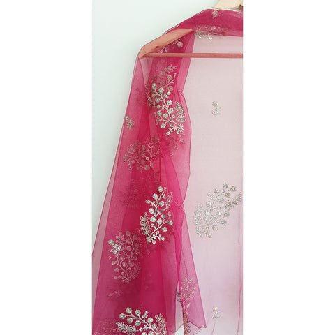 India Scarve's Net Cut Goldan Embroidered Floral Design Red Dupatta