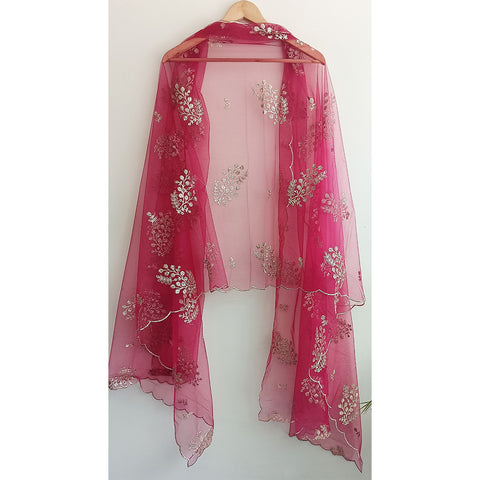 India Scarve's Net Cut Goldan Embroidered Floral Design Red Dupatta
