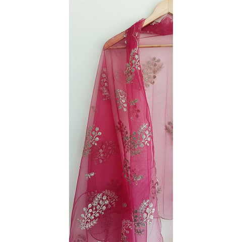 India Scarve's Net Cut Goldan Embroidered Floral Design Red Dupatta