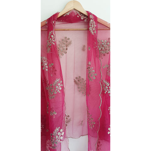 India Scarve's Net Cut Goldan Embroidered Floral Design Red Dupatta