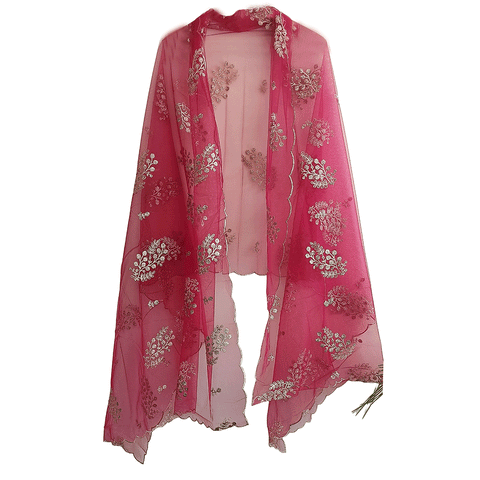 India Scarve's Net Cut Goldan Embroidered Floral Design Red Dupatta