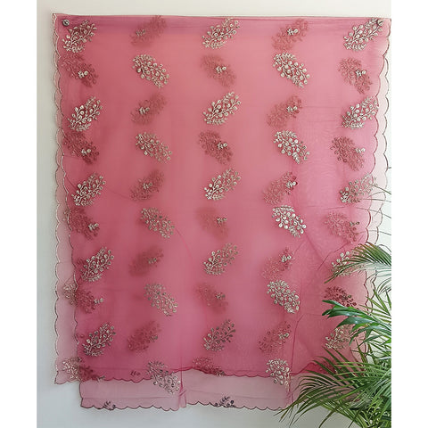 India Scarve's Net Cut Goldan Embroidered Floral Design Red Dupatta